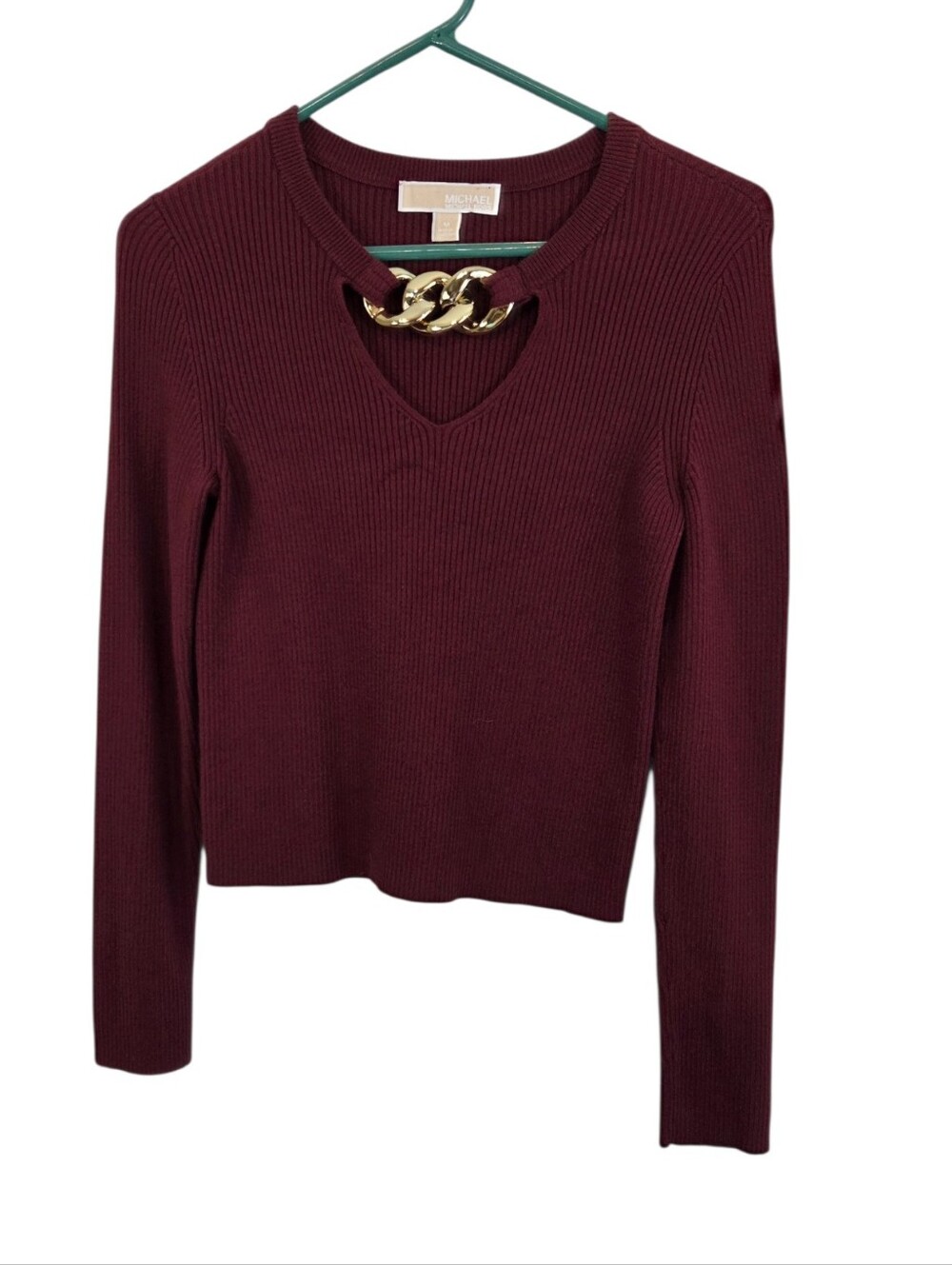 MICHAEL Michael Kors Maroon Keyhole Ribbed Cropped Long Sleeve Sweater Size M - Picture 2 of 12